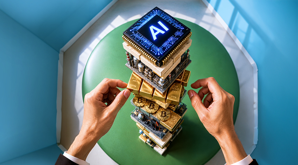 Hands building a tall stack of blocks, gold bars, and crypto coins beneath a glowing AI chip on a green pedestal, symbolizing AI-powered wealth or tech stack.